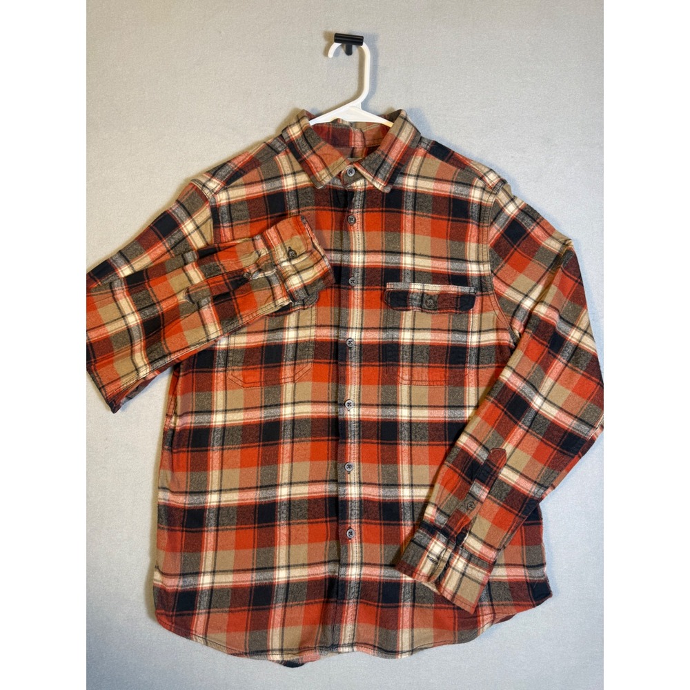St Johns Bay Mens Orange Black Plaid Flannel Button Down Shirt Medium